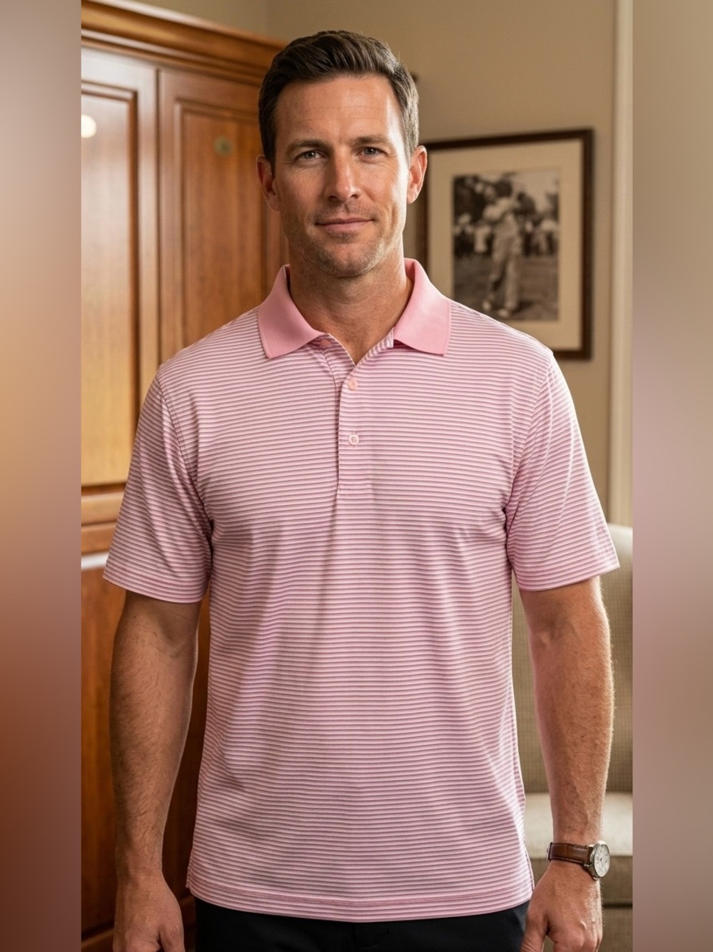 Byron‎ Nelson Men’s Golf Polo Shirt Size M Pink, blue, White Micro Stripe